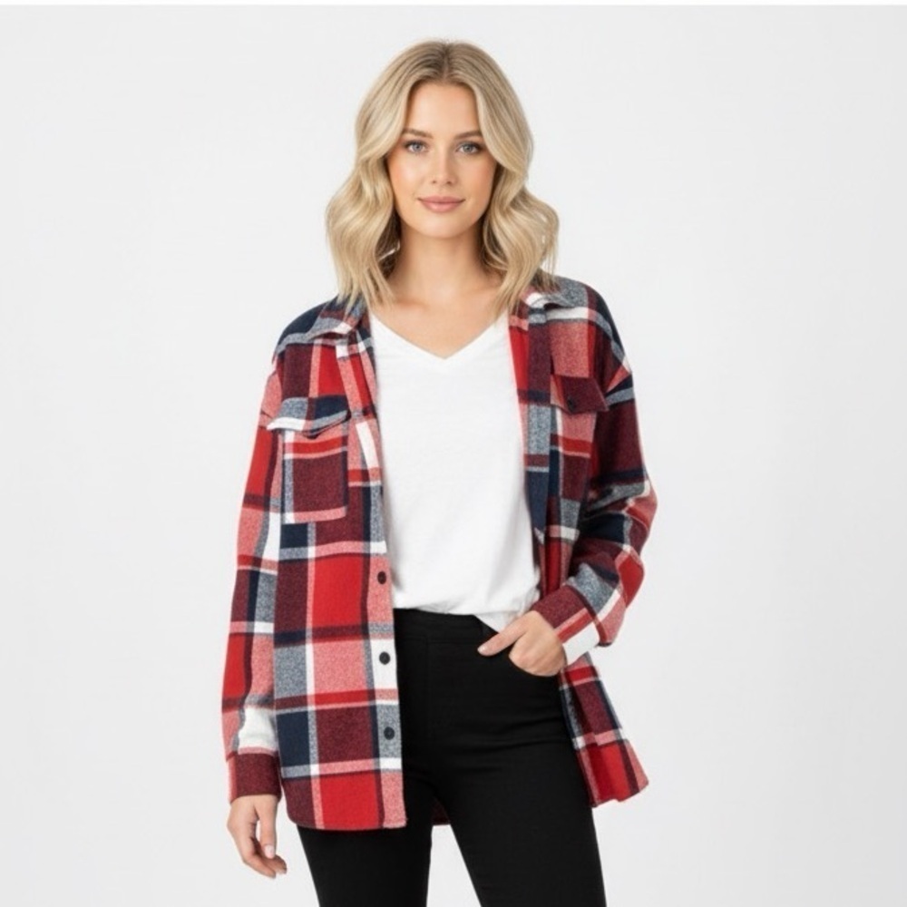TRENDY QUEEN red plaid flannel shacket size medium